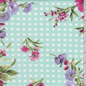 1 5/8 YD PC-Spa Blue Floral Check Double Brushed Jersey Knit Fabric