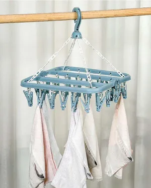 Clothes Hanger with In-Built Pegs, Blue, Plastic