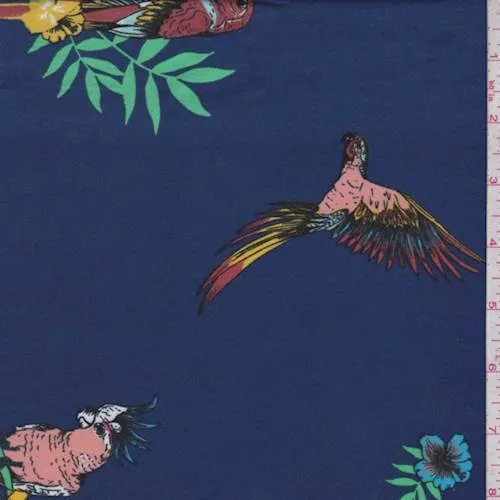 Deep Blue Multi Parrot Floral Double Brushed Jersey Knit Fabric