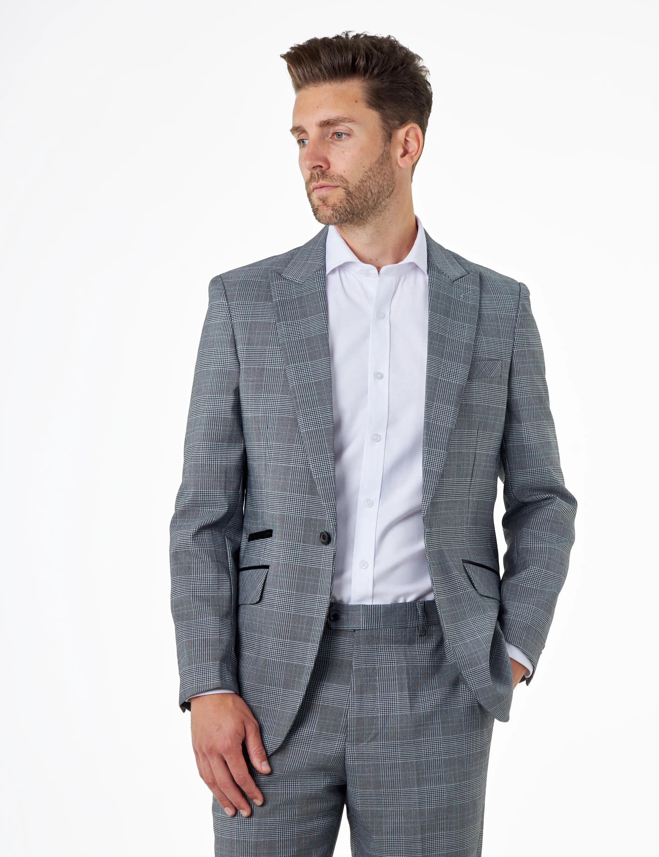 EKON - Grey Prince of Wales Check Suit 3 Piece Tailored Fit