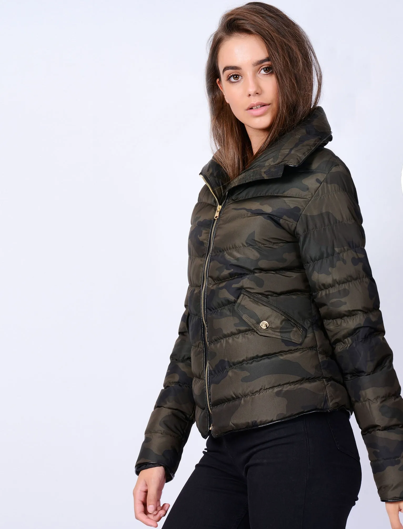 Ewok Funnel Neck Quilted Camo Jacket in Khaki Camo - Tokyo Laundry