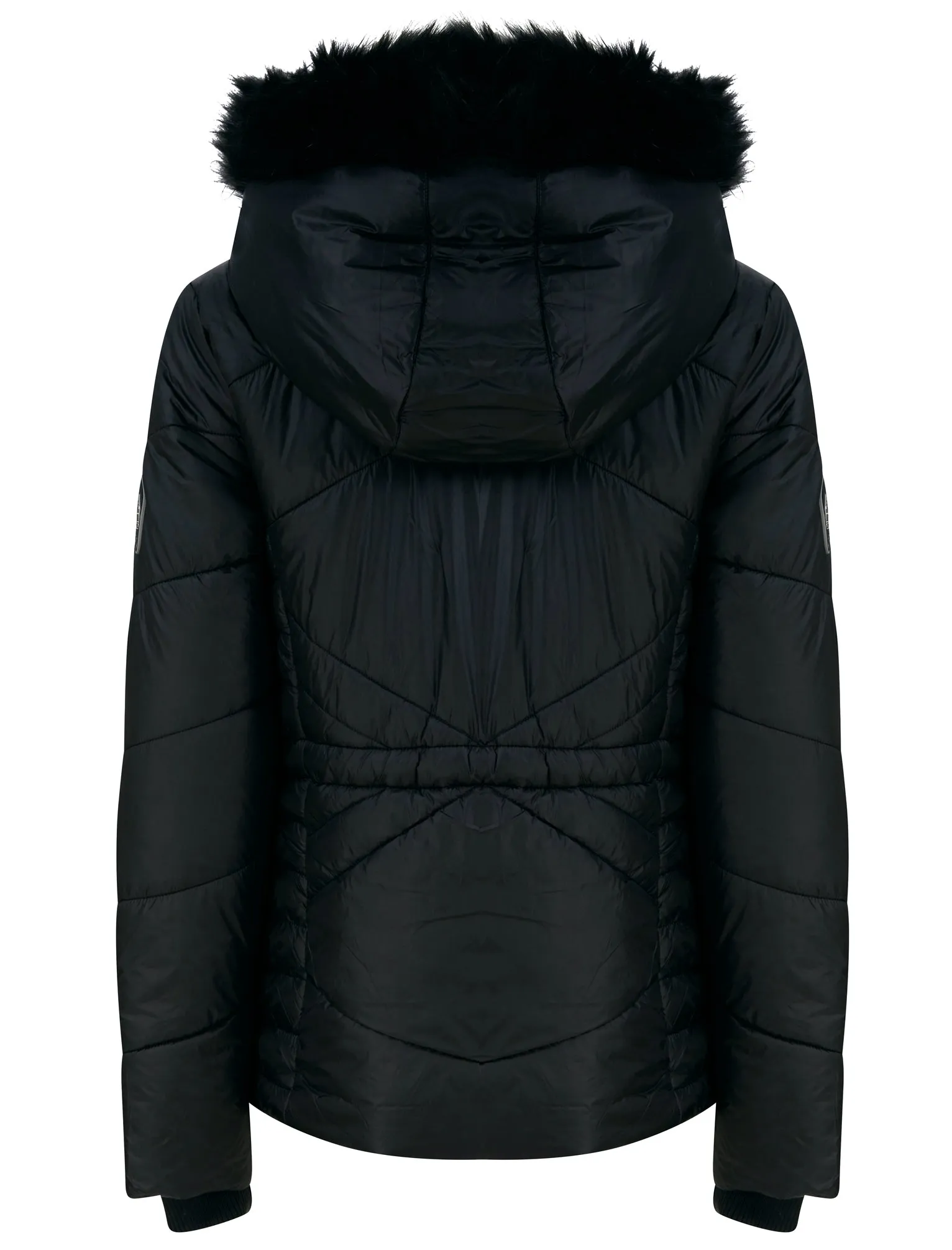 Featherington High Shine Quilted Hooded Puffer Jacket With Faux Fur Trim in Black - Tokyo Laundry