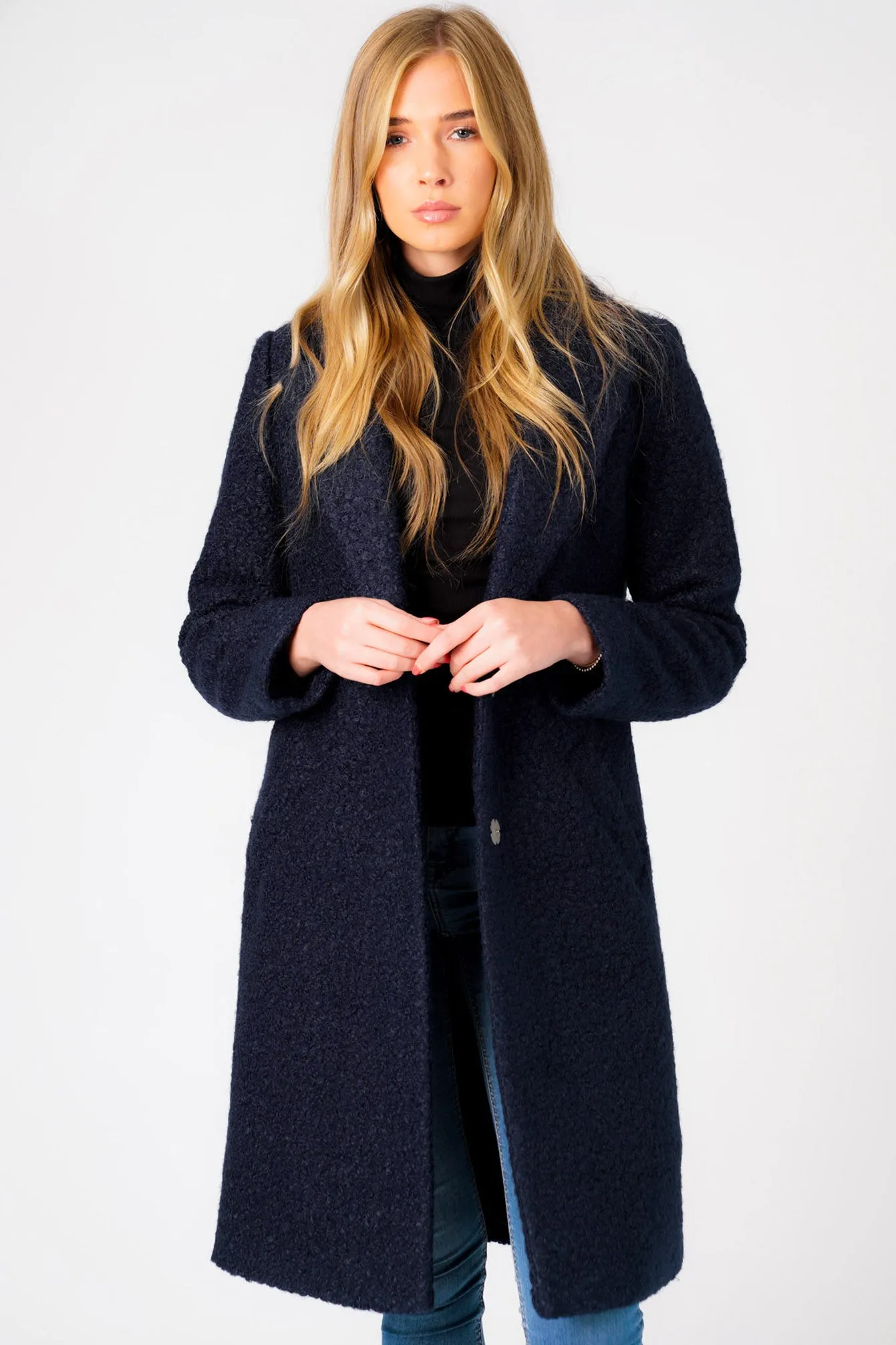 Fortune Textured Boucle Longline Midi Coat In Navy - Tokyo Laundry