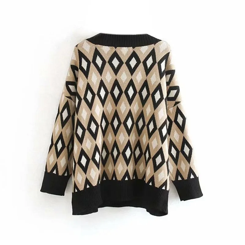 Geometric Print Women Knitted Sweater V Neck