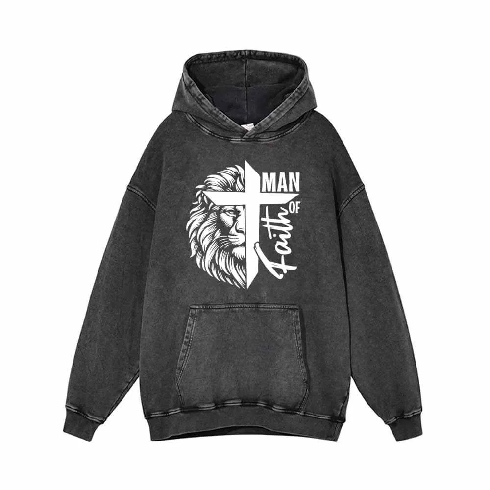 Man Of Faith Lion Print Vintage Washed Hoodie