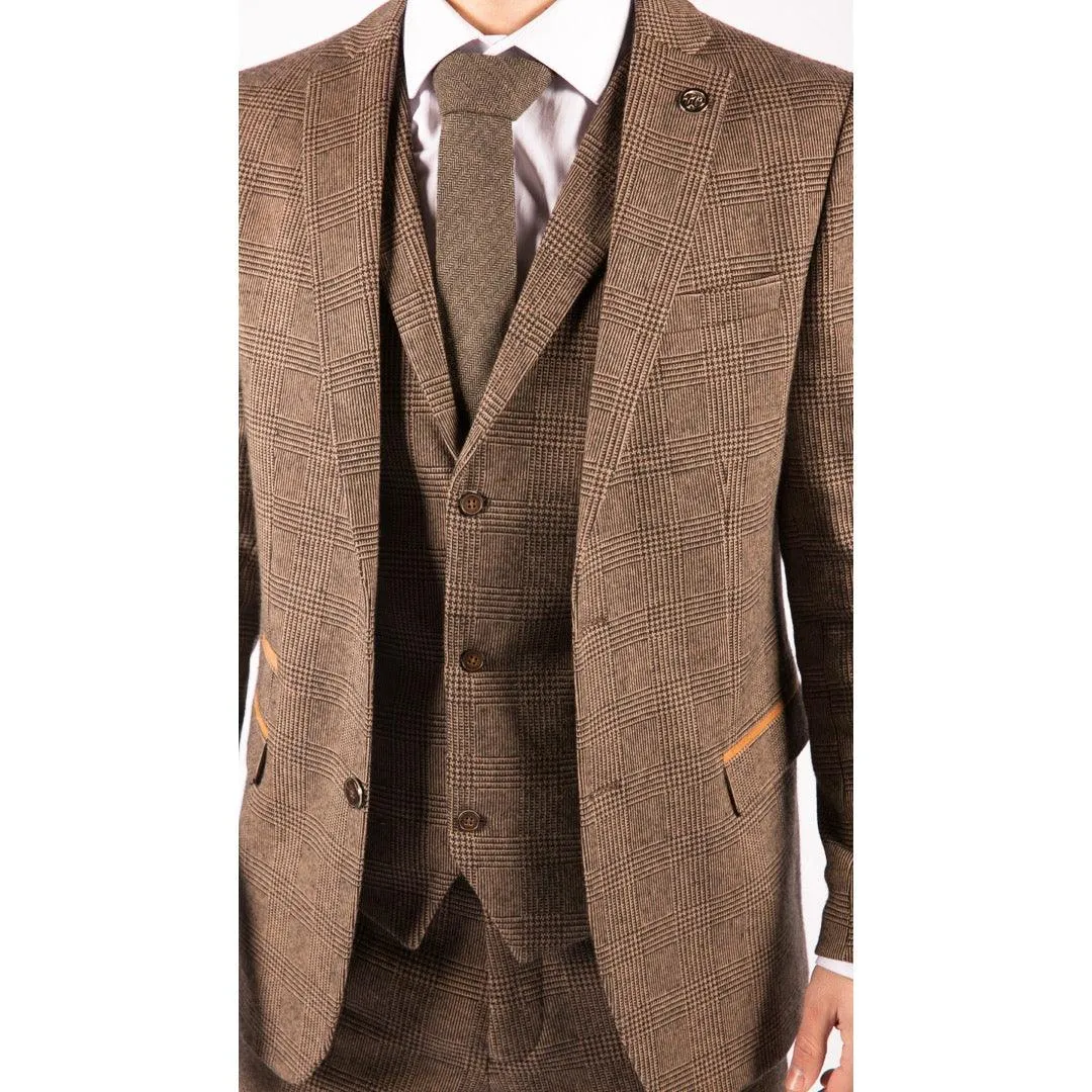 Mens Wool 3 Piece Check Suit Tweed Brown Tailored Fit Blinders Gatsby 1920s