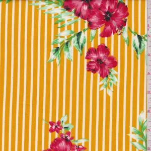 Orange Gold Stripe Hibiscus Double Brushed Jersey Knit Fabric