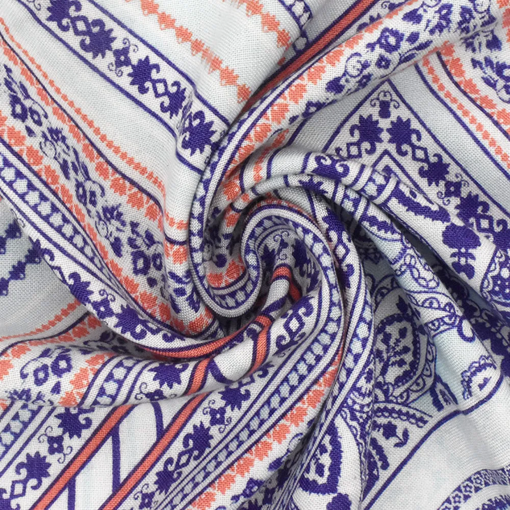 Soft Blue-Purple-Multi Geometric With Paisley Printed Challis Woven Fabric