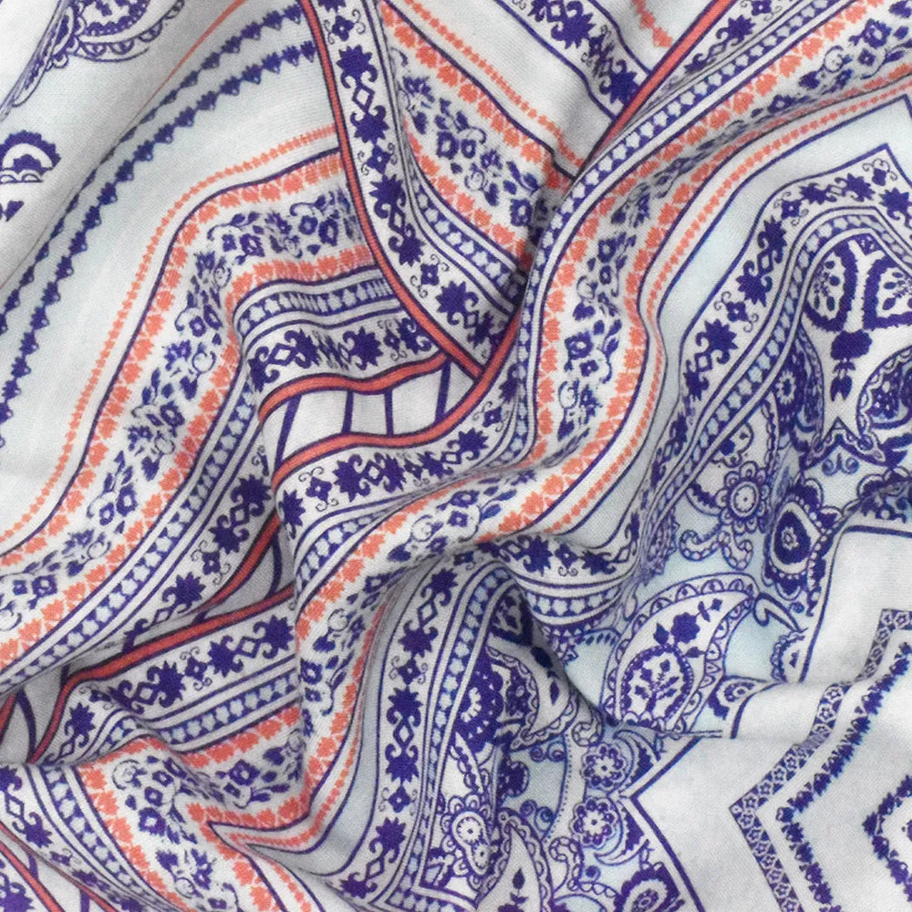 Soft Blue-Purple-Multi Geometric With Paisley Printed Challis Woven Fabric