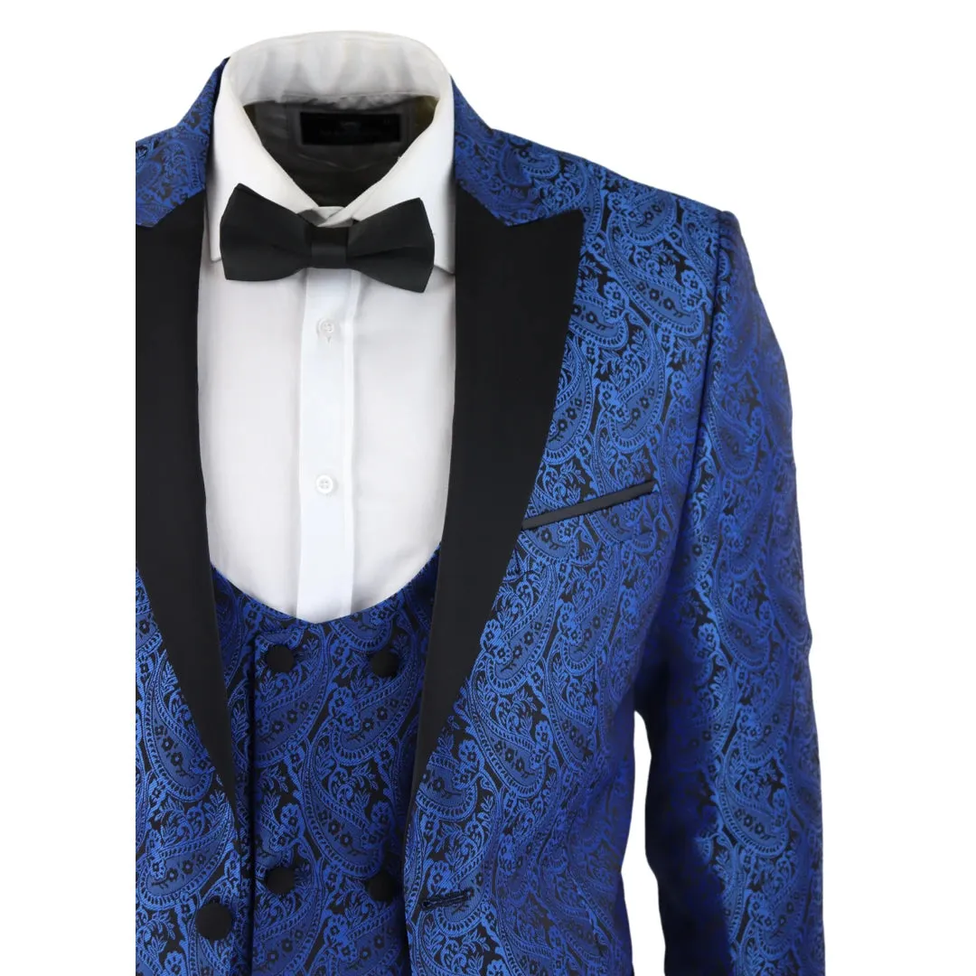 STZ60 - Men's Black Blue Paisley Tuxedo Blazer And Waistcoat Dinner Jacket Satin