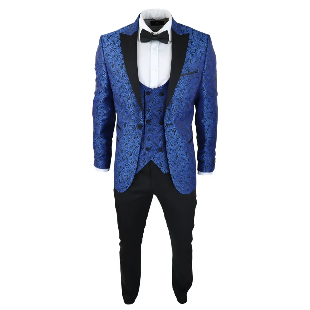 STZ60 - Men's Black Blue Paisley Tuxedo Blazer And Waistcoat Dinner Jacket Satin