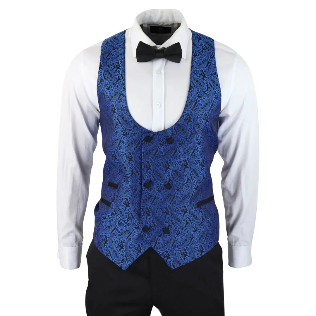 STZ60 - Men's Black Blue Paisley Tuxedo Blazer And Waistcoat Dinner Jacket Satin