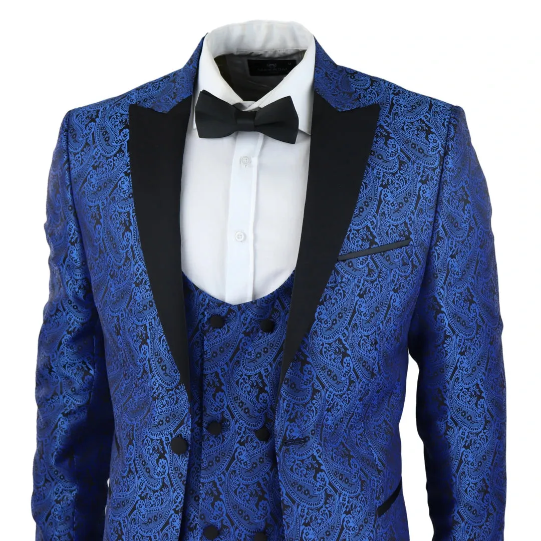 STZ60 - Men's Black Blue Paisley Tuxedo Blazer And Waistcoat Dinner Jacket Satin