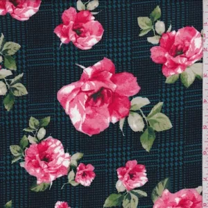 Teal/Pink Glen Plaid Floral Double Brushed Jersey Knit Fabric