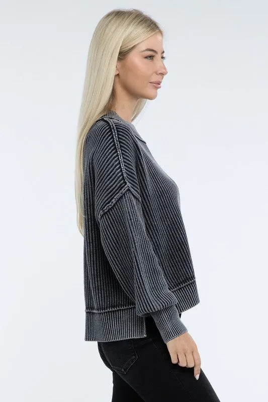 Washed Side Slit Oversized Cropped Sweater