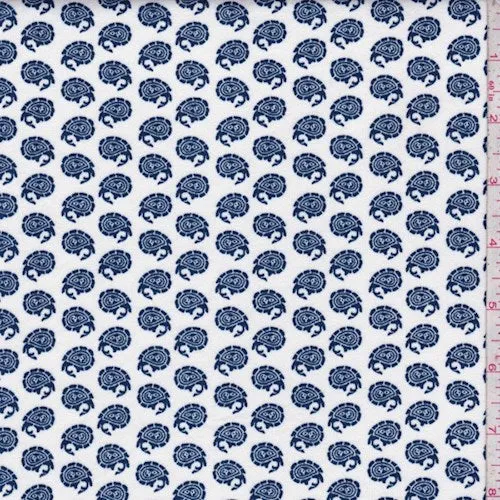 White/Navy Mini Paisley Double Brushed Jersey Knit Fabric