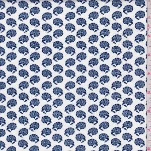 White/Navy Mini Paisley Double Brushed Jersey Knit Fabric