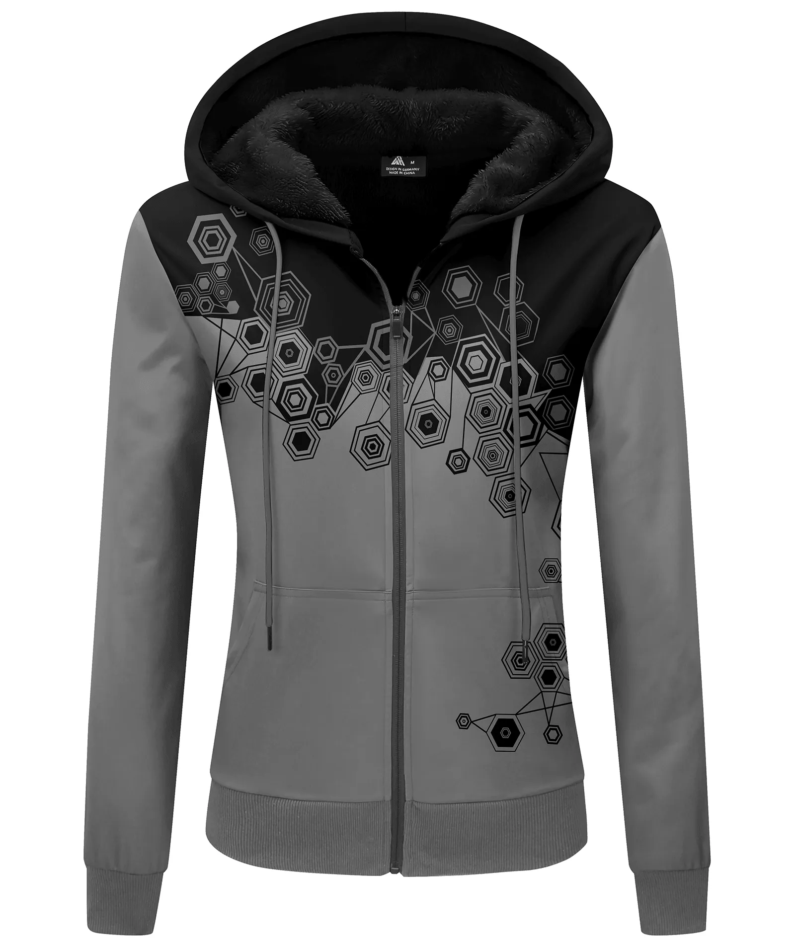 Women's Black Gray Full Zipper Printed Hoodie-ZPK006188