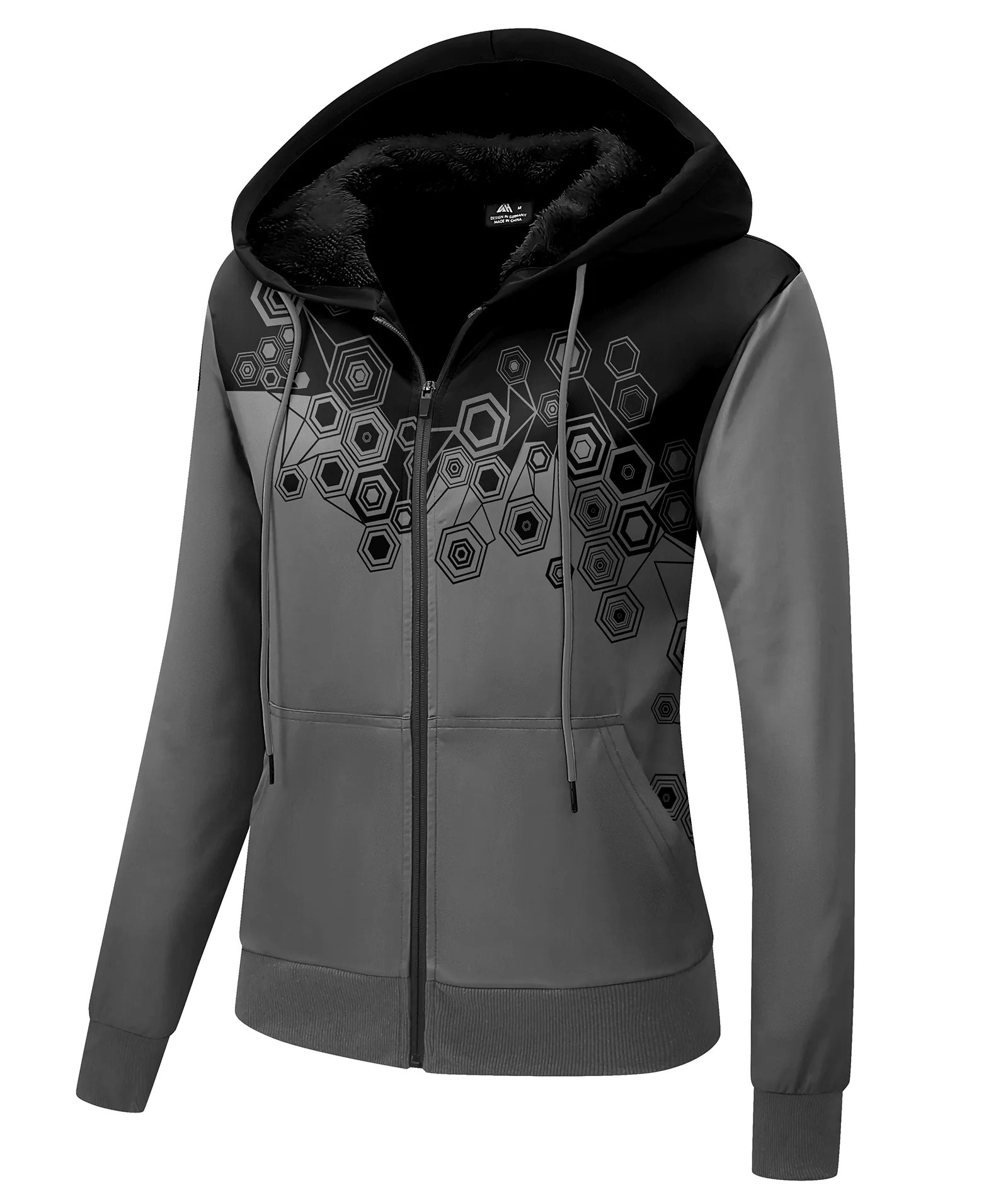 Women's Black Gray Full Zipper Printed Hoodie-ZPK006188