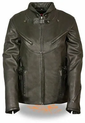 WOMEN'S BLACK MOTORCYCLE LEATHER UPDATED VENTED JACKET W/SIDE BUCKLE COWHIDE