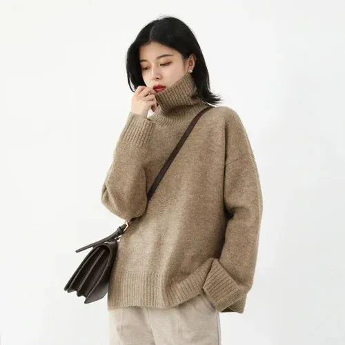 Women's Sweater Loose Turtleneck Sweaters Warm Solid Pullover Knitwear