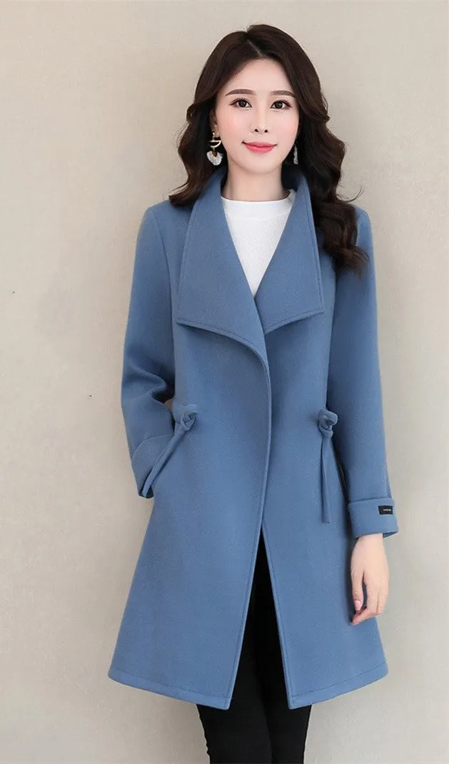 Woolen coat feminine all-match lapel waist woolen coat