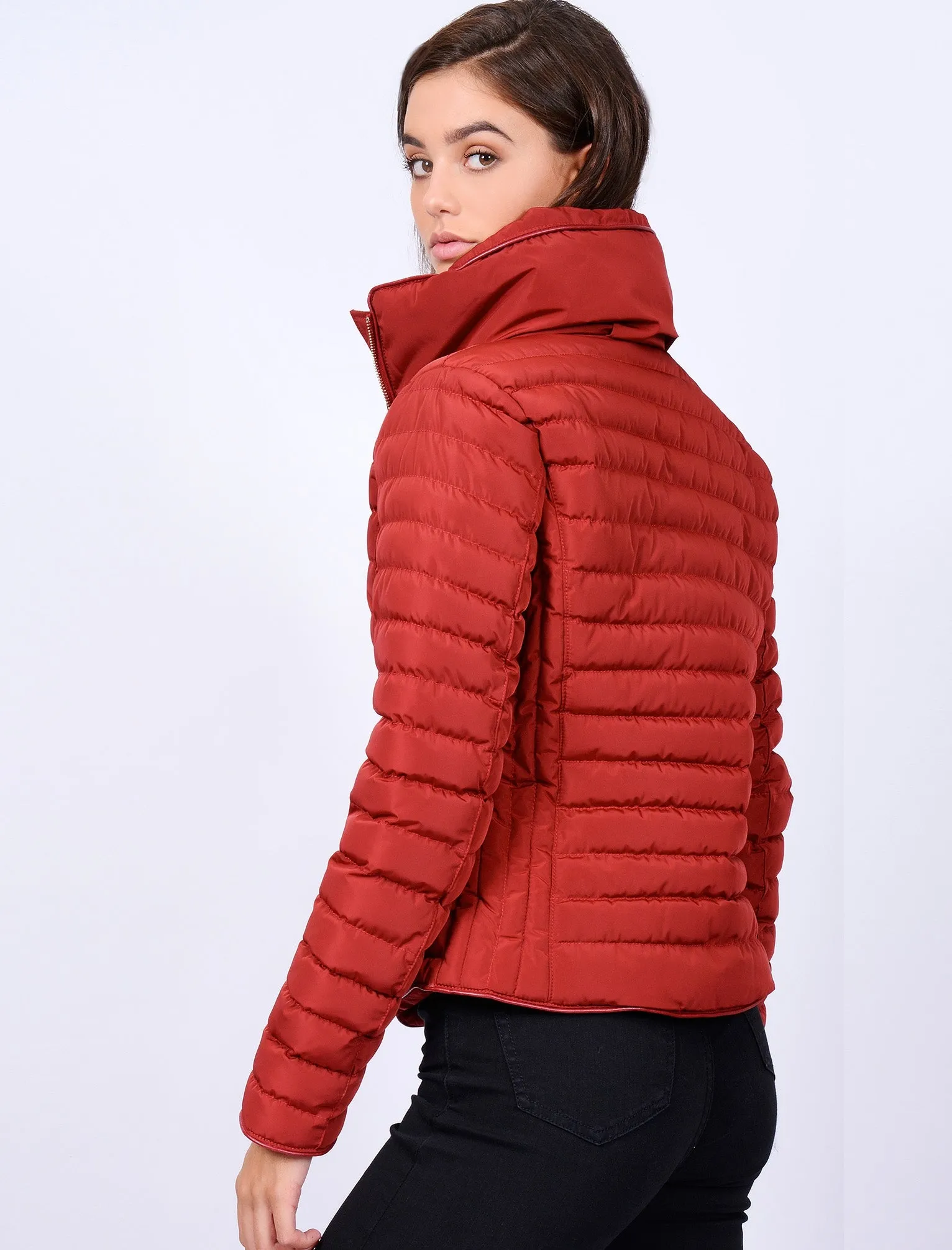 Zelda Funnel Neck Quilted Jacket in Brick Red - Tokyo Laundry